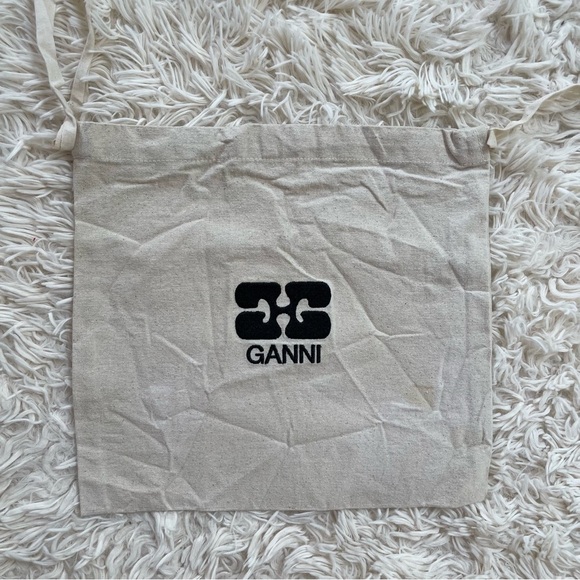 Ganni 11.5”x11” beige dust bag drawstrings ties has stains cotton - Picture 1 of 6